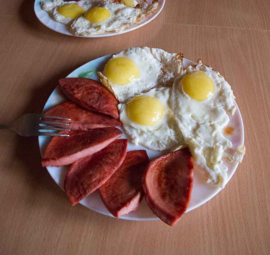 Breakfast in Kytlym during snowmobile adventure in Russia