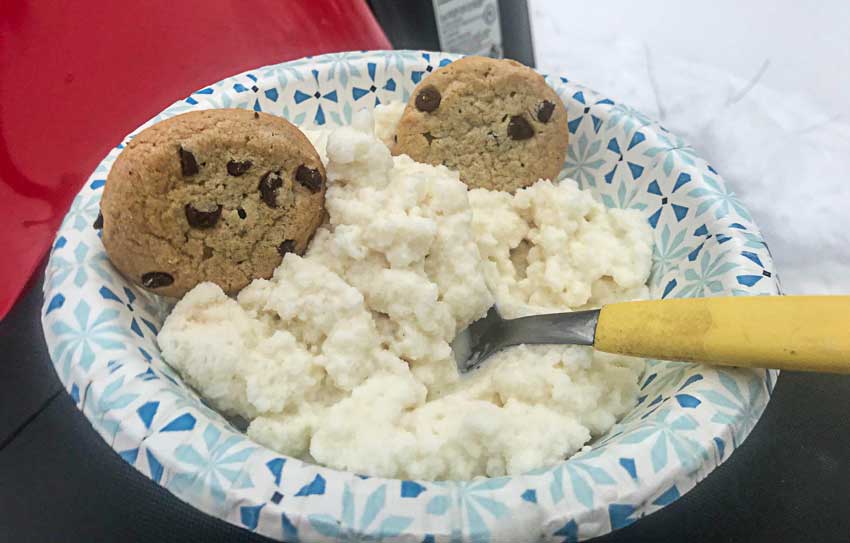 Homemade Redneck ice cream made from snow on the trail.